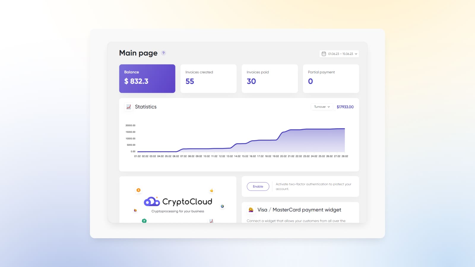 CryptoCloud provides detailed statistics on accepting crypto payments.