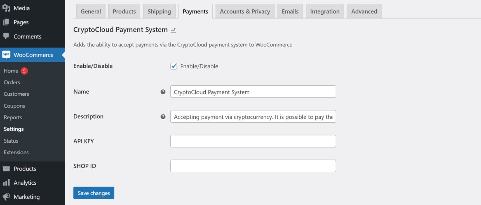 Activate processing by checking CryptoCloud and start receiving funds.