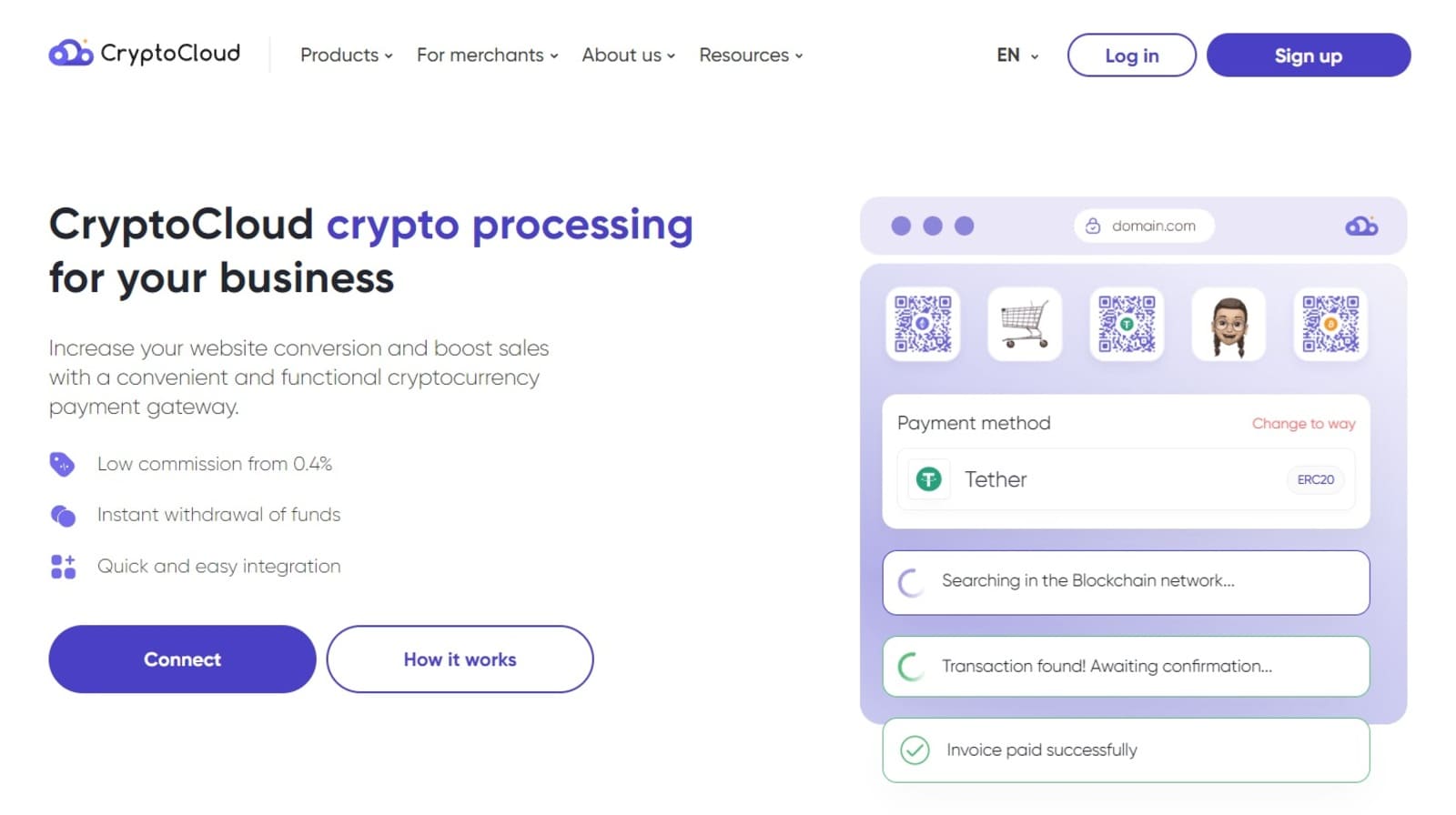 CryptoCloud provides payment acceptance in USDT, BTC, ETH, LTC and other cryptocurrencies.