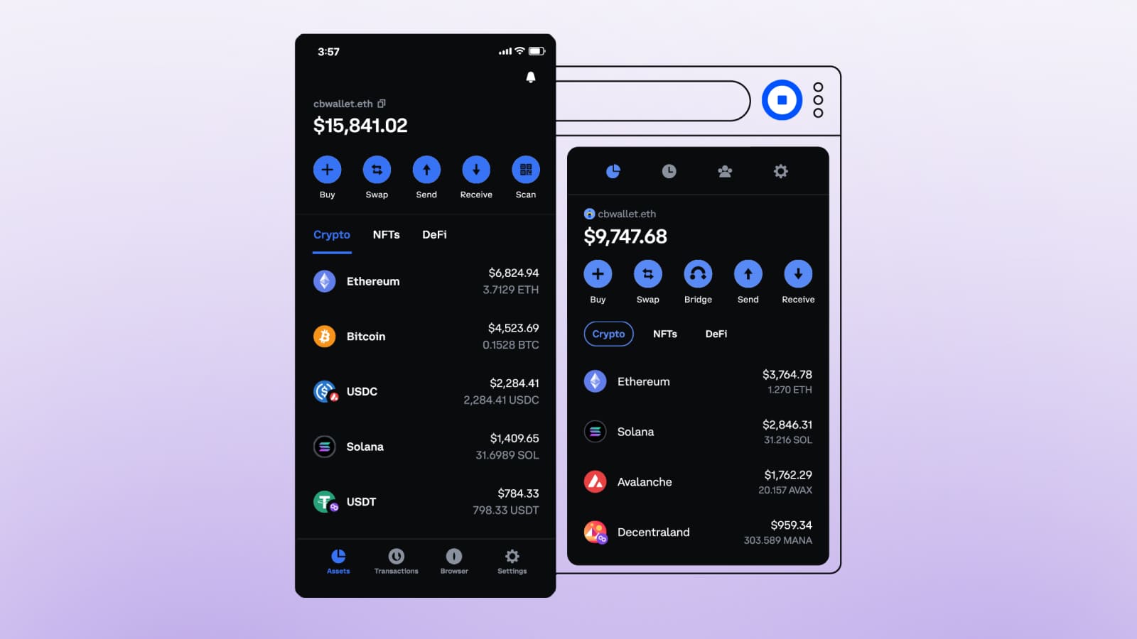 Coinbase Wallet for cryptocurrency has mobile and browser versions.