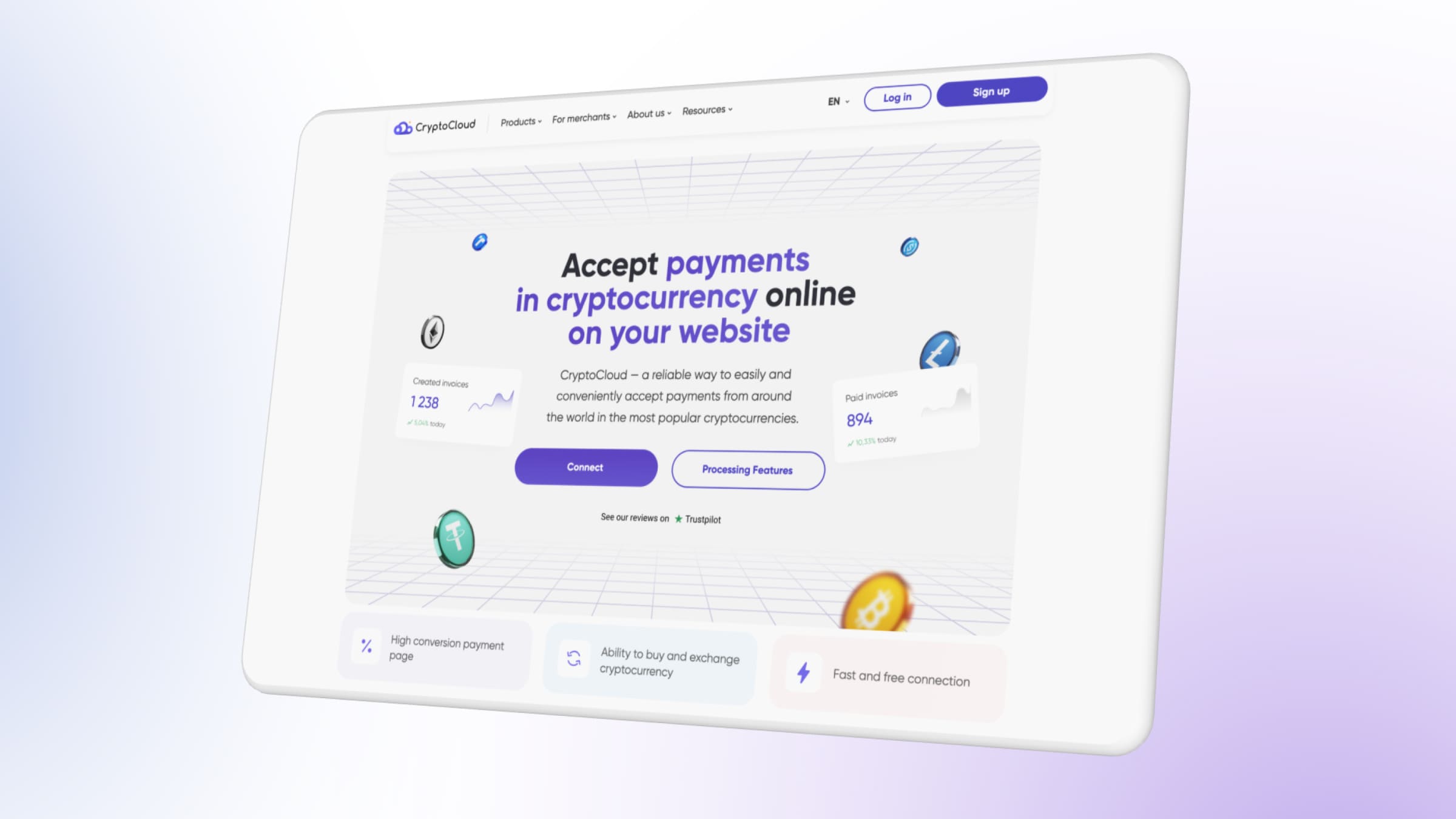 CryptoCloud is a service for accepting payments in cryptocurrency, which supports transactions in Bitcoin (BTC), Ethereum (ETH), Litecoin (LTC), Tether (USDT) and others. Its connection is accomplished in a few steps:  Registration. A valid email is required. Adding a project. To do this, you need to fill out a short questionnaire with information about the company. You can link several projects to one account. Integration. There are three available methods: API, module for CMS, HTML widget. Test the integration. Now you can accept payments in USDT and other cryptocurrencies.