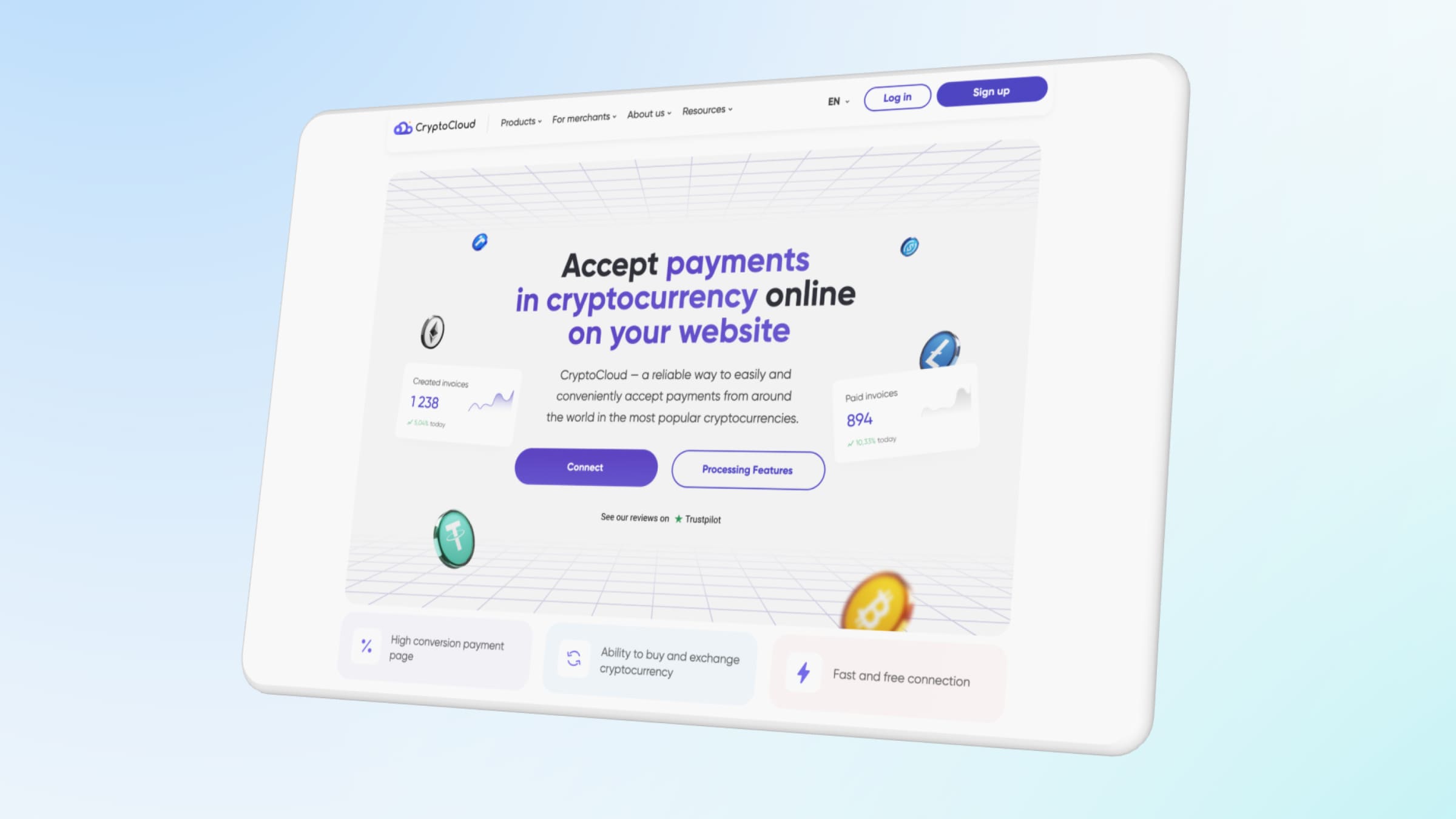 CryptoCloud automatically converts amounts to be paid and verifies transactions.