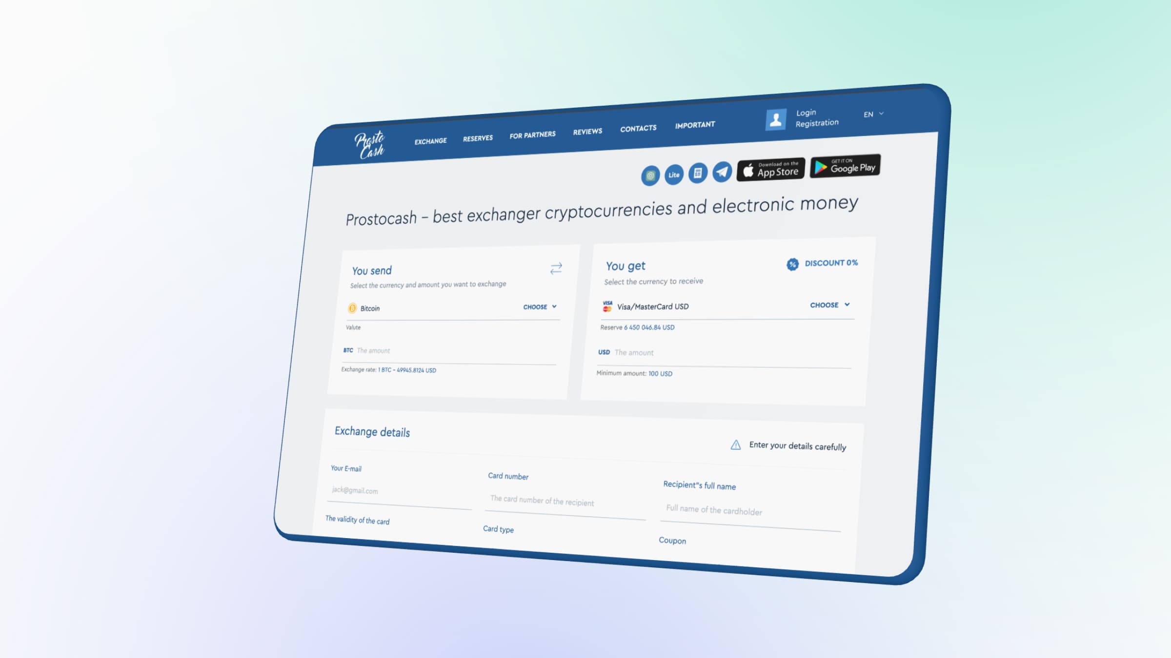Home page of Prostocash cryptocurrency exchanger.