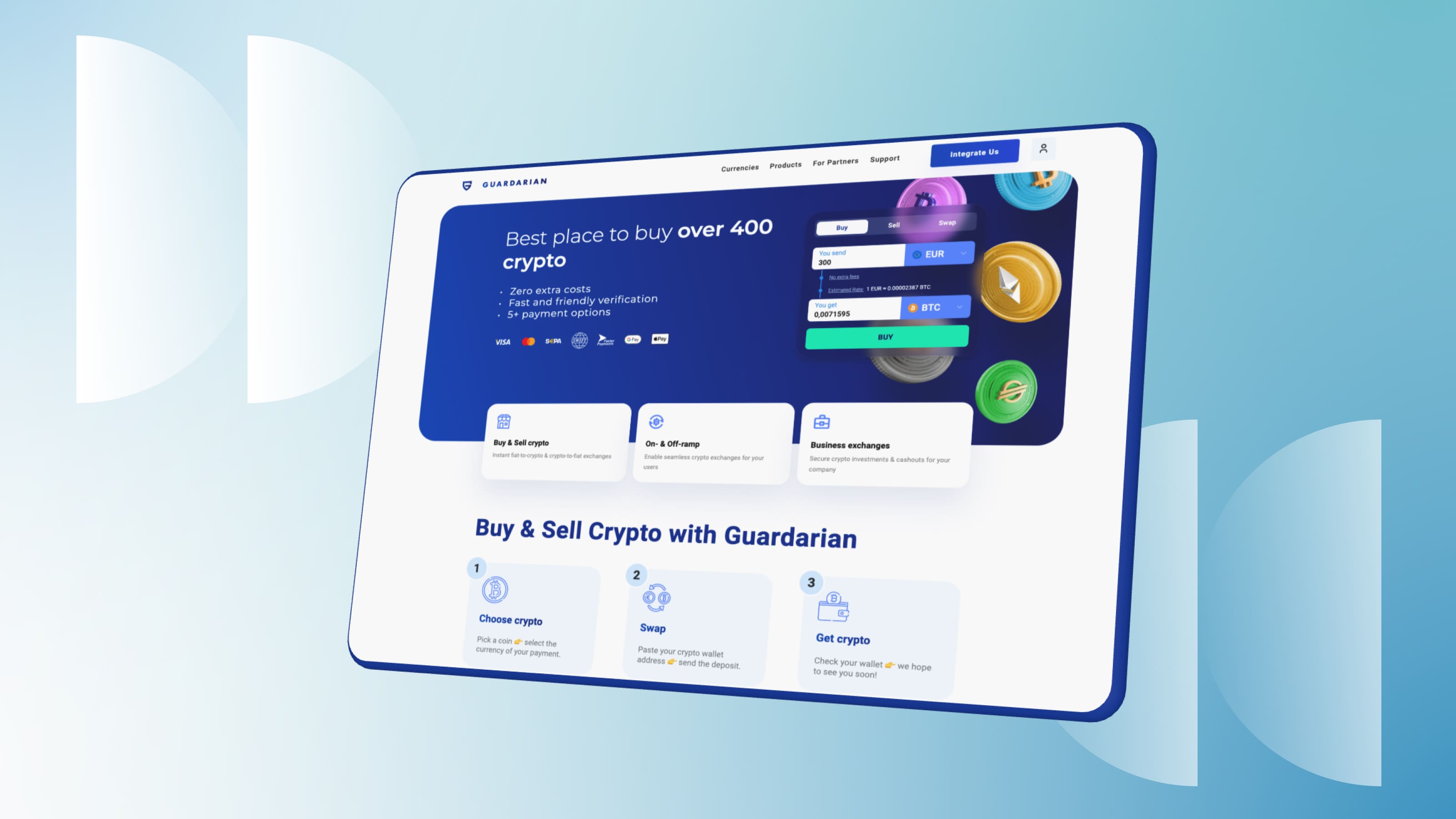 Guardarian is a popular platform with the ability to purchase cryptocurrency with a bank card.