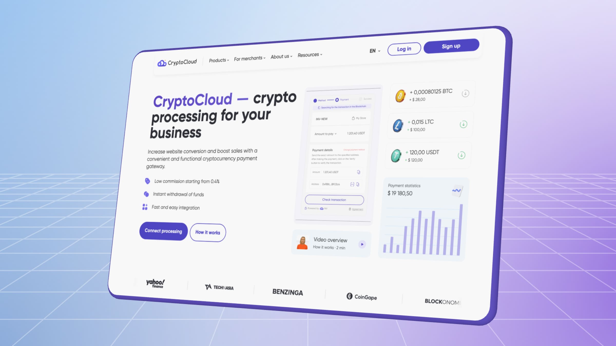 CryptoCloud is a cryptocurrency processor with low fees and high conversion checkout.