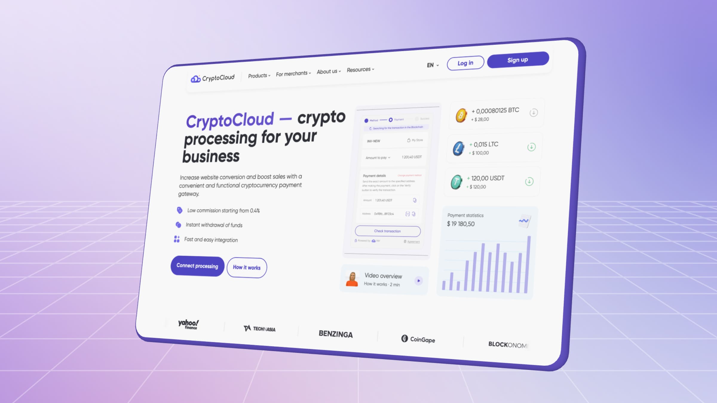 CryptoCloud integrates easily into the website and allows you to start accepting crypto payments.