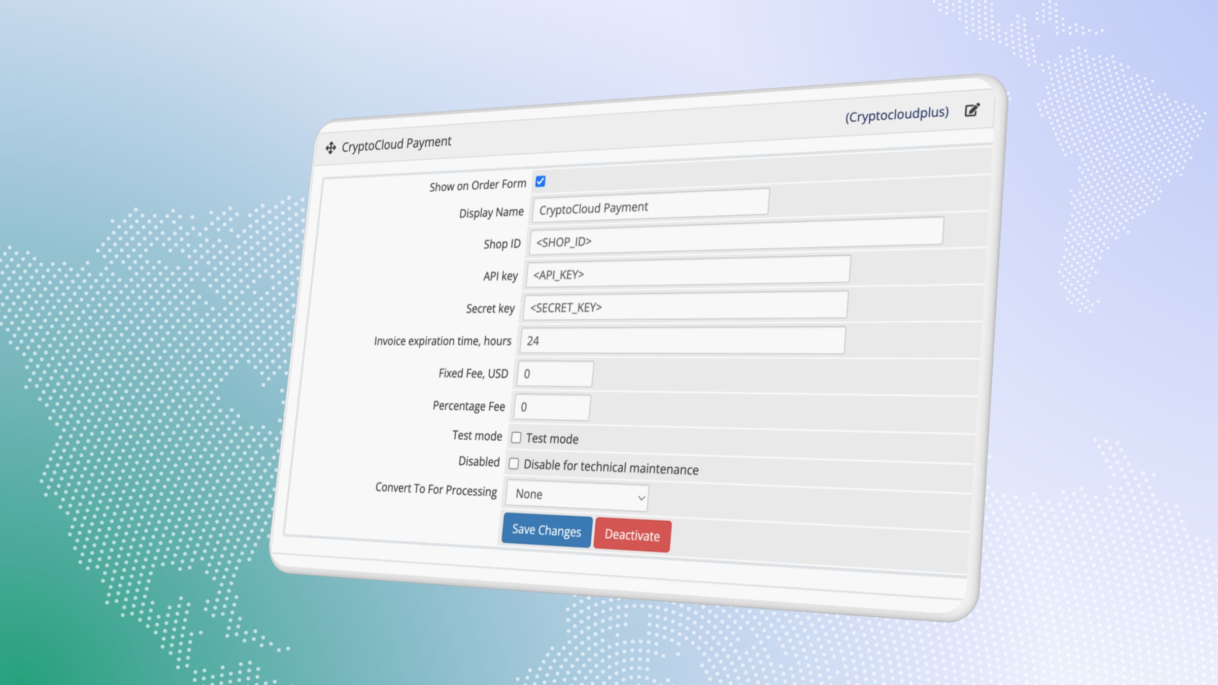 The process of connecting CryptoCloud cryptocurrency payment gateway to WHMCS is described in the instructions.