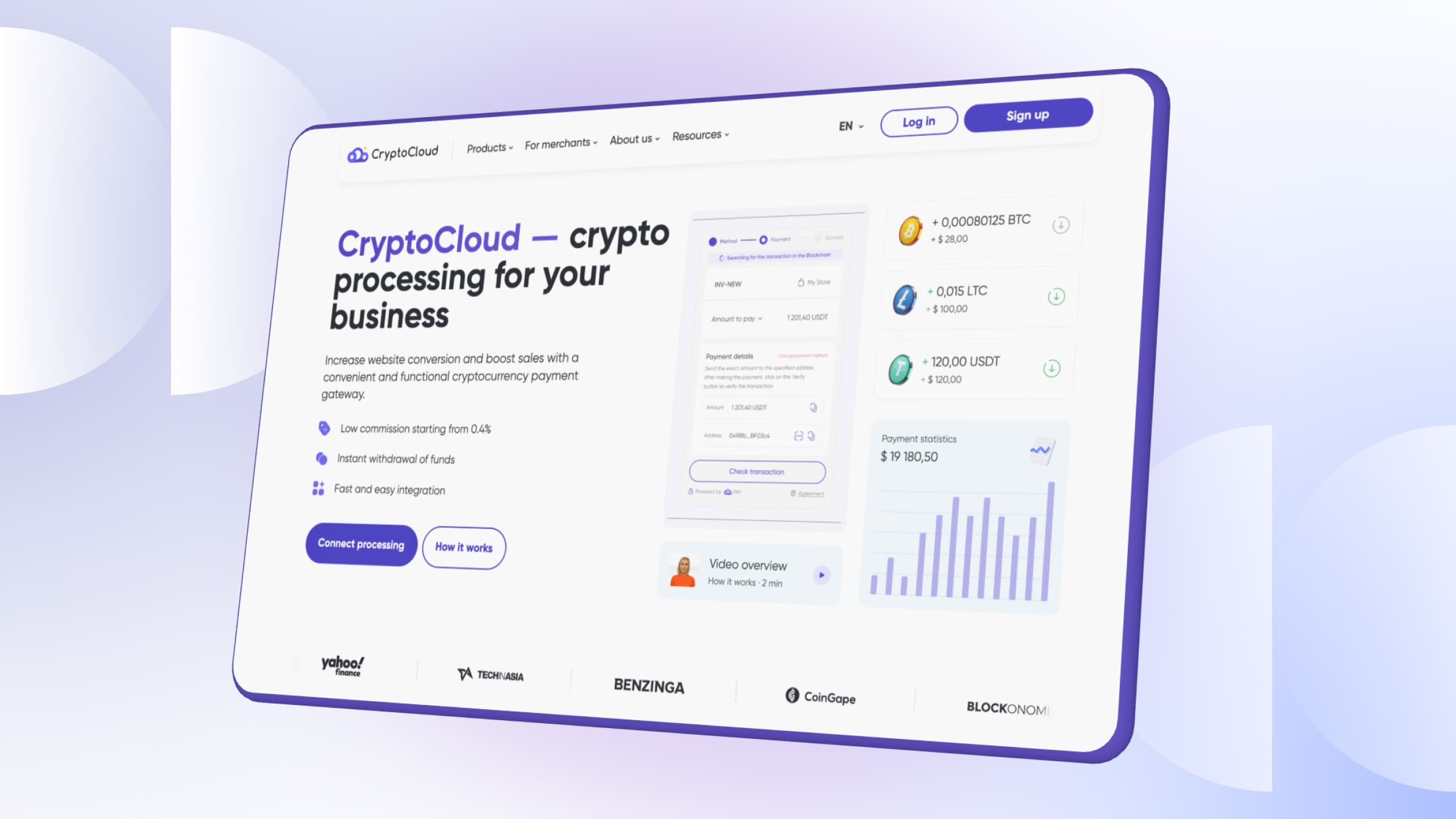 CryptoCloud is a cryptocurrency processor that allows you to work with foreign clients.