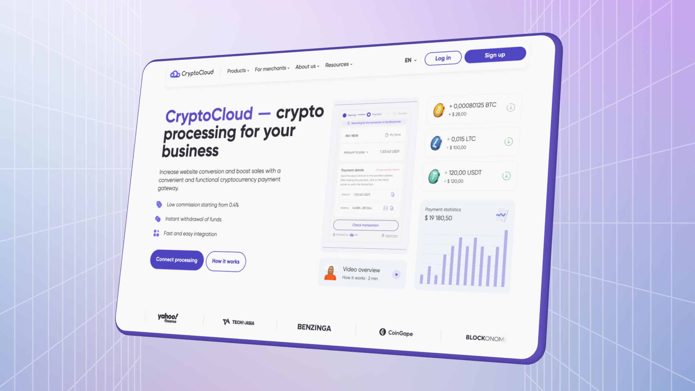 CryptoCloud is a cryptocurrency payment gateway with low fees and prompt tech support.