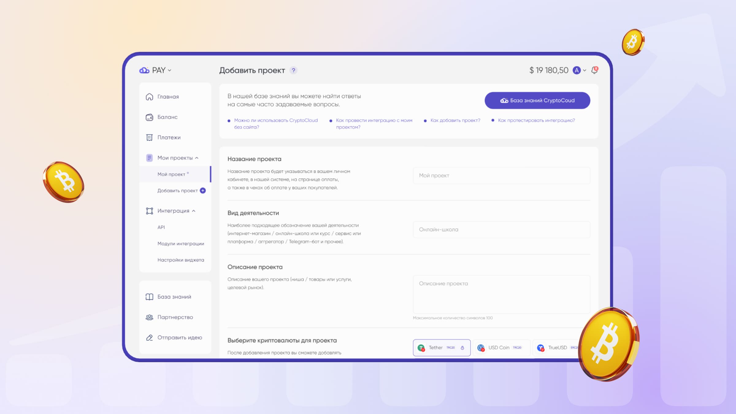 Для подключения крипто эквайринга CryptoCloud нужно добавить сведения о проекте.