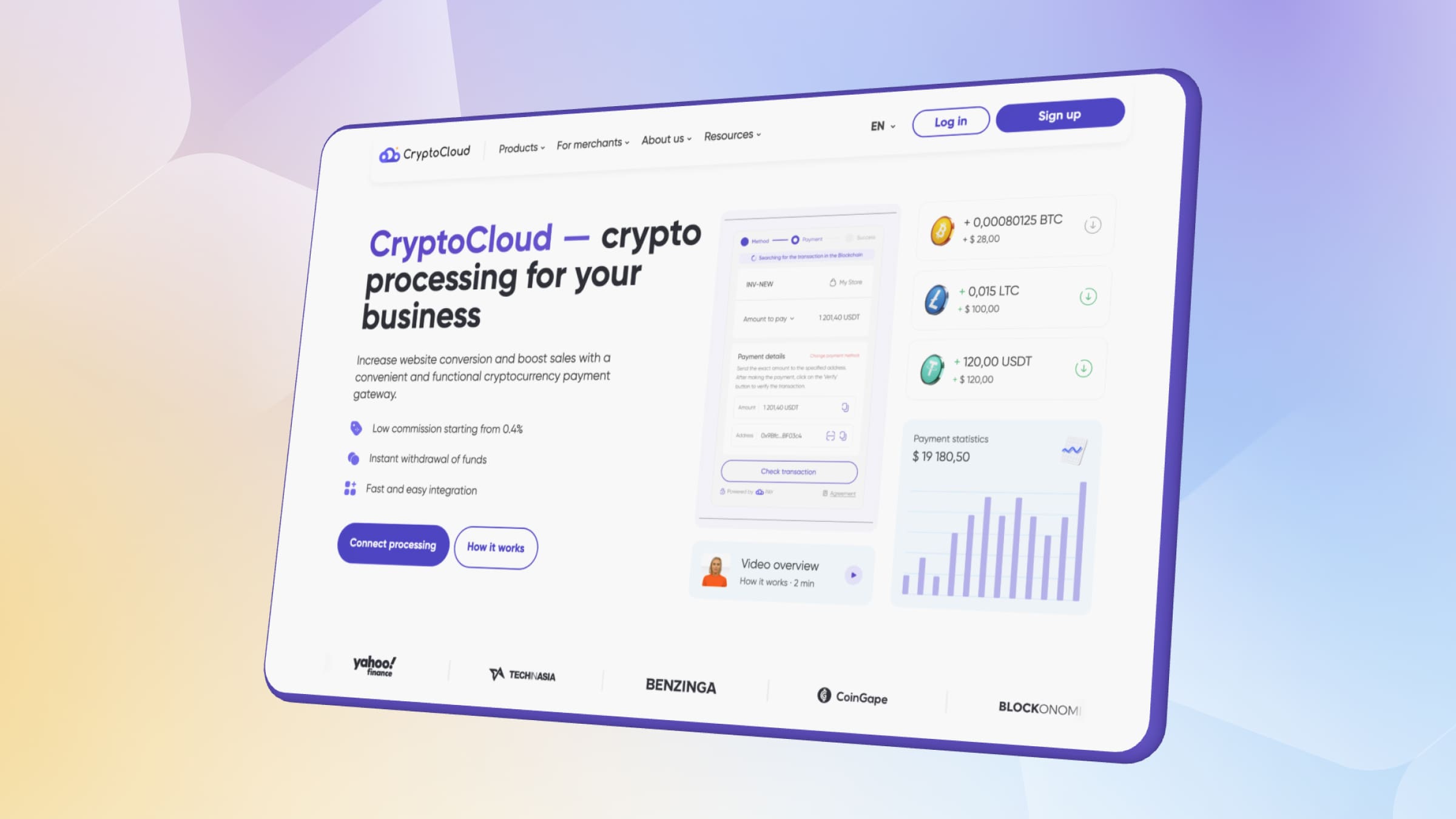 Cryptocurrency processor CryptoCloud works with popular currencies and supports AML checks.