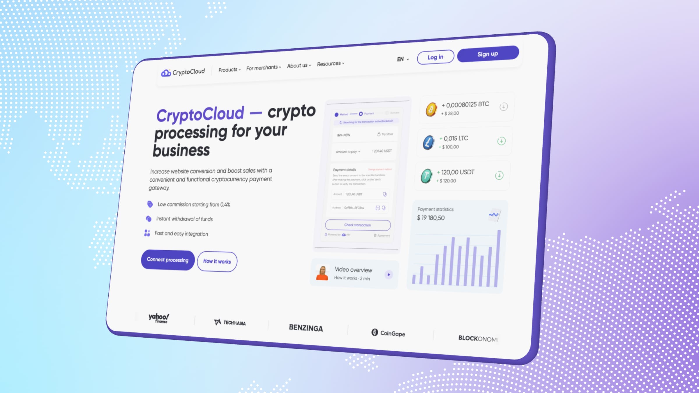 CryptoCloud allows businesses to organize the reception of cross-border payments in cryptocurrency.