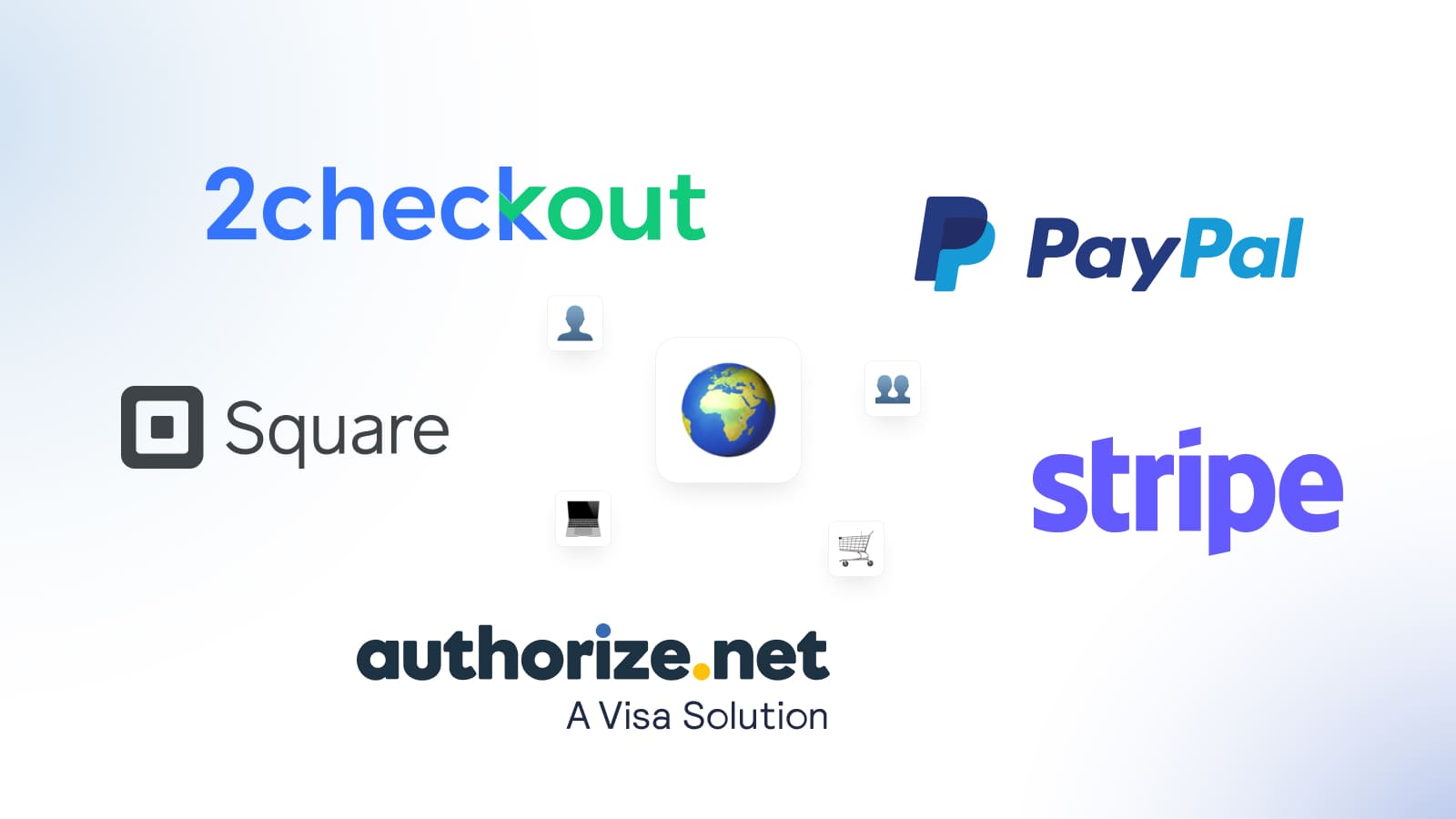 Подключение платежных систем Stripe, Paypal, 2Checkout, Square Payments, Authorize.net и других.